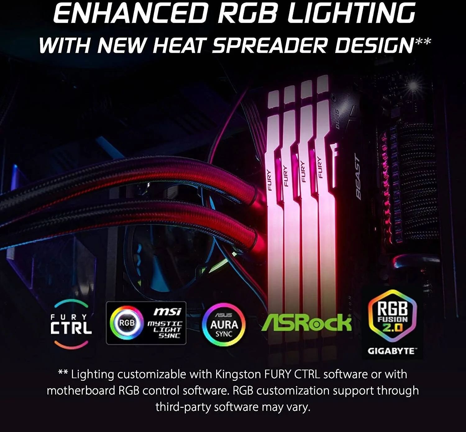 حافظه رم دسکتاپ کینگستون Fury Beast RGB با ظرفیت 16 گیگابایت (2x8GB) DDR5، سرعت 5600MT/s، تاخیر CL36، Intel XMP 3.0، ولتاژ 1.25، 288-Pin، AMD Expo، کیت DIMM دو کاناله | KF556C36BBEAK2-16