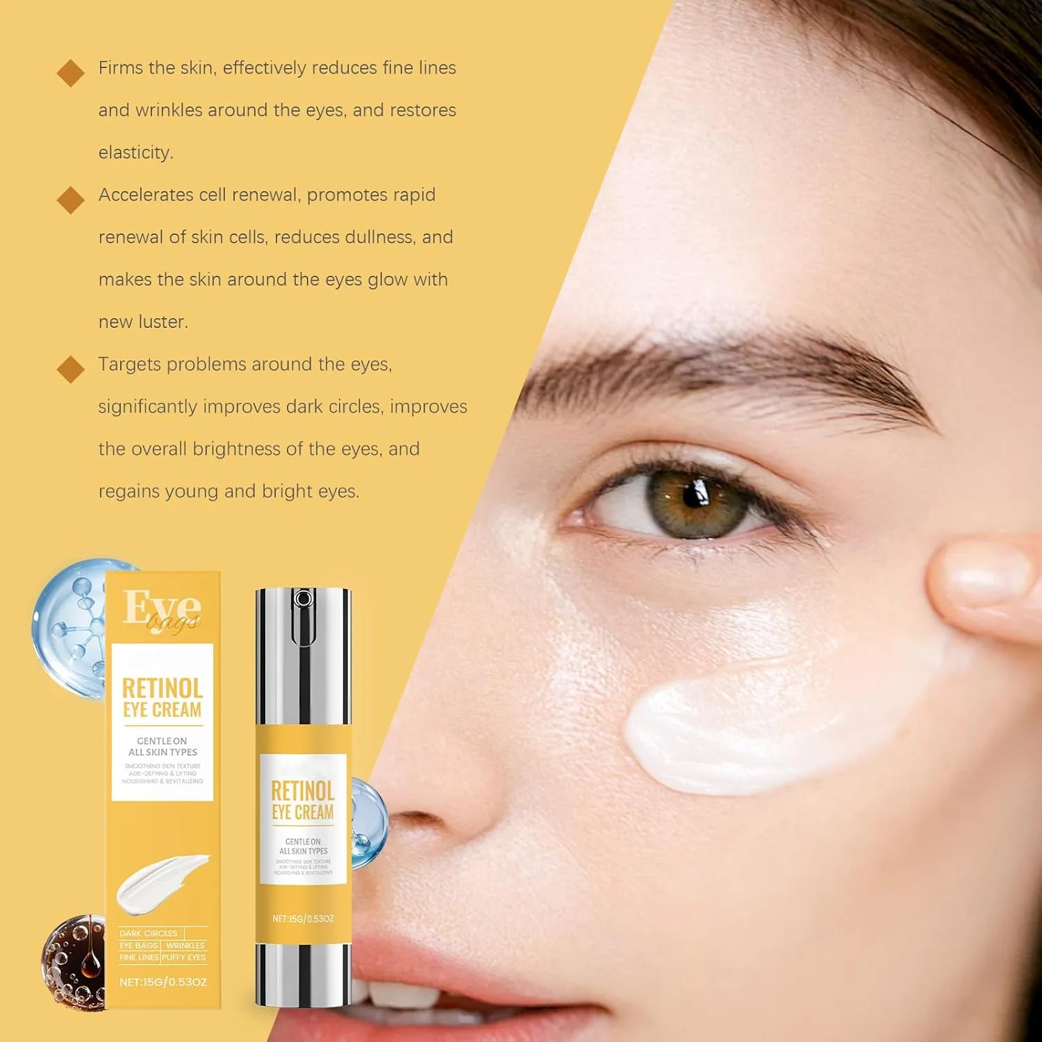 کرم دور چشم رتینول، کرم دور چشم ضد پیری، کرم دور چشم سه کاره پیشرفته، برای چین و چروک، خطوط پنجه کلاغی، سیاهی دور چشم و پف، احیا کننده سرم دور چشم، مناسب برای انواع پوست (15 گرم)