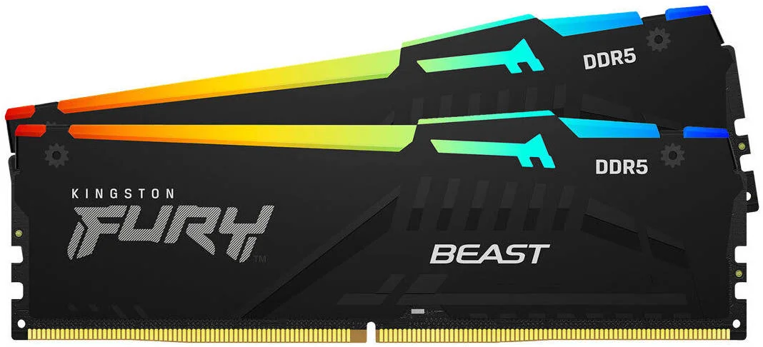 کینگستون FURY Beast RGB 32GB (16GBx2) DDR5 حافظه دسکتاپ بدون ECC، سرعت حافظه 5200MT/s، تاخیر CL36 CAS، دارای گواهینامه Intel XMP 3.0 / AMD EXPO، ولتاژ 1.25V، 288 پین، مشکی | KF552C36BBEAK2-32