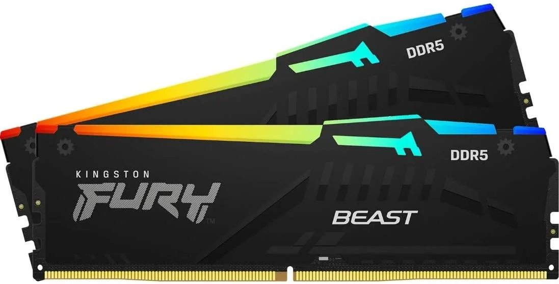حافظه رم دسکتاپ کینگستون Fury Beast RGB با ظرفیت 32 گیگابایت (2x16GB) DDR5، سرعت 5600MT/s، CL40، ولتاژ 1.25V، 288 پین، کیت دو کاناله، Non-ECC Unbuffered DIMM، مشکی | KF556C40BBAK2-32