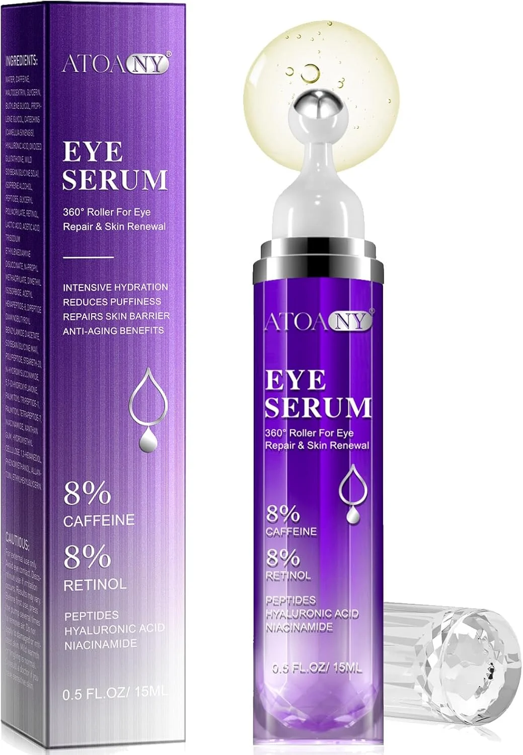 سرم دور چشم برای رفع تیرگی و پف با 8% کافئین، 8% رتینول، هیالورونیک اسید و نیاسینامید، کرم دور چشم ضد پیری با توپ ماساژ غلتکی 360 درجه برای زنان و مردان