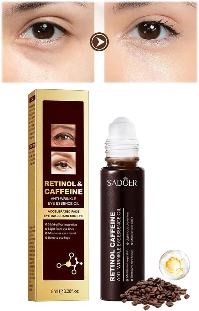 سرم دور چشم کافئین رتینول، سرم رولی دور چشم با توپ ماساژ 360 درجه برای کاهش سیاهی و پف زیر چشم، مرطوب کننده و سفت کننده پوست دور چشم برای ظاهری صاف تر