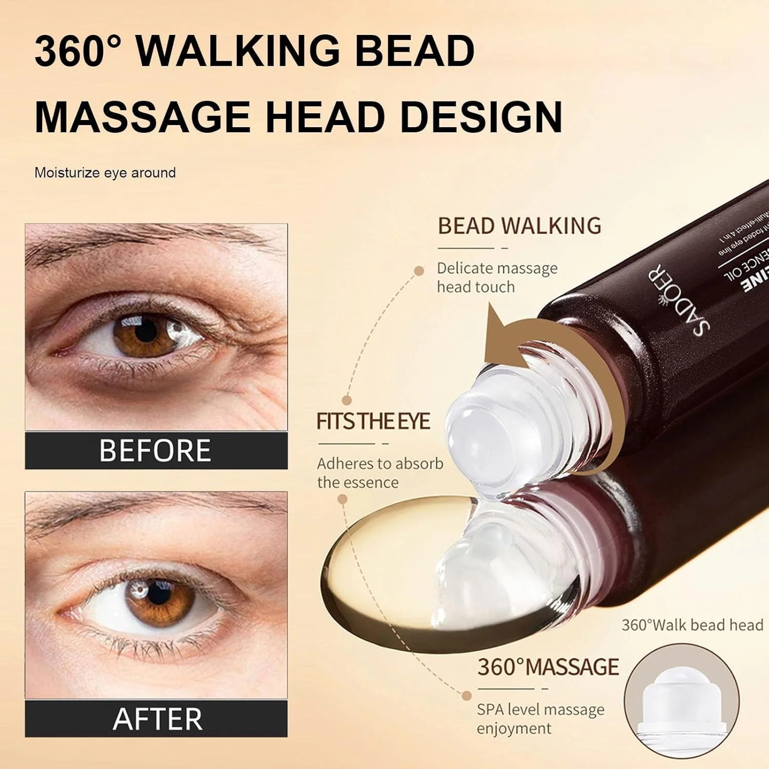 سرم دور چشم کافئین رتینول، سرم رولی دور چشم با توپ ماساژ 360 درجه برای کاهش سیاهی و پف زیر چشم، مرطوب کننده و سفت کننده پوست دور چشم برای ظاهری صاف تر