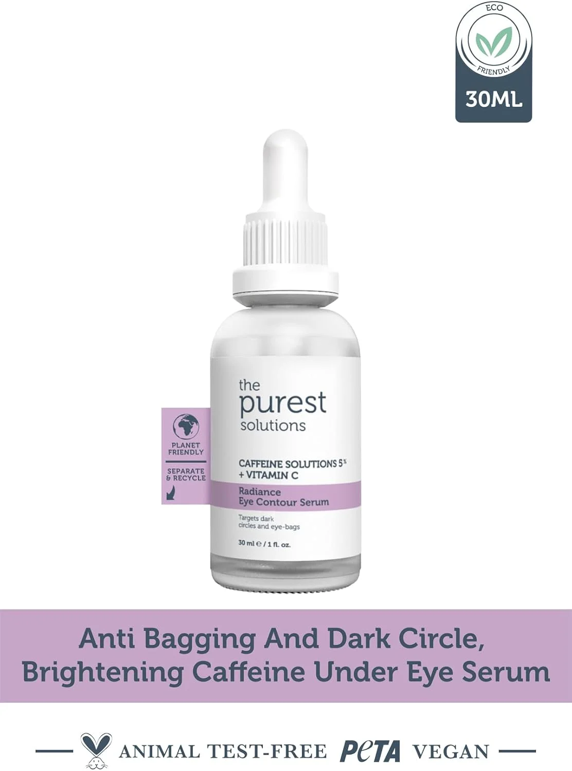 سرم دور چشم روشن کننده The Purest Solutions (کافئین 5% + ویتامین C) - ظاهری روشن و شاداب - کاهش تفاوت رنگ پوست - مراقبت از پف زیر چشم - وگان | بدون تست حیوانی (30 میلی لیتر)