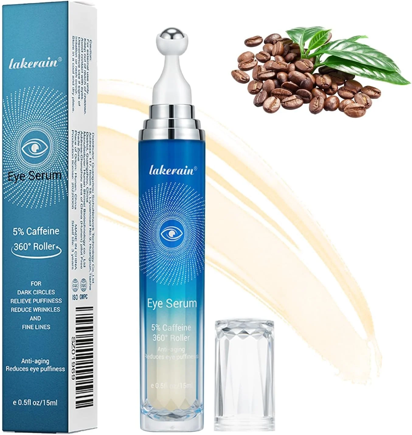 سرم دور چشم حاوی 5% کافئین، کرم رولی ضد پیری برای رفع تیرگی، پف، چین و چروک و خطوط ریز دور چشم، مناسب برای آقایان و بانوان، کرم مراقبت از چشم کره‌ای با ماساژور 360 درجه