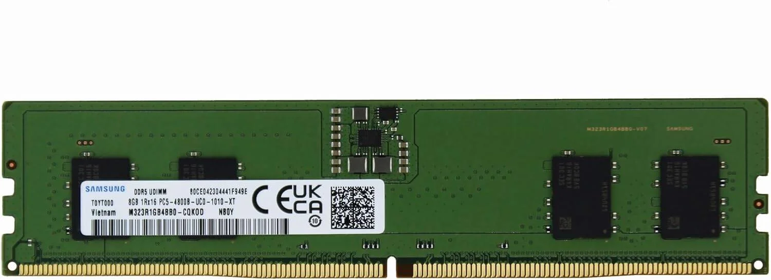 ماژول حافظه دسکتاپ سامسونگ M323R1GB4BB0-CQK با ظرفیت 8 گیگابایت، PC5-38400 DDR5، سرعت حافظه 4800 مگاهرتز، بدون ECC و بدون بافر، ولتاژ حافظه 1.1 ولت، 288 پین | M323R1GB4BB0-CQK0L