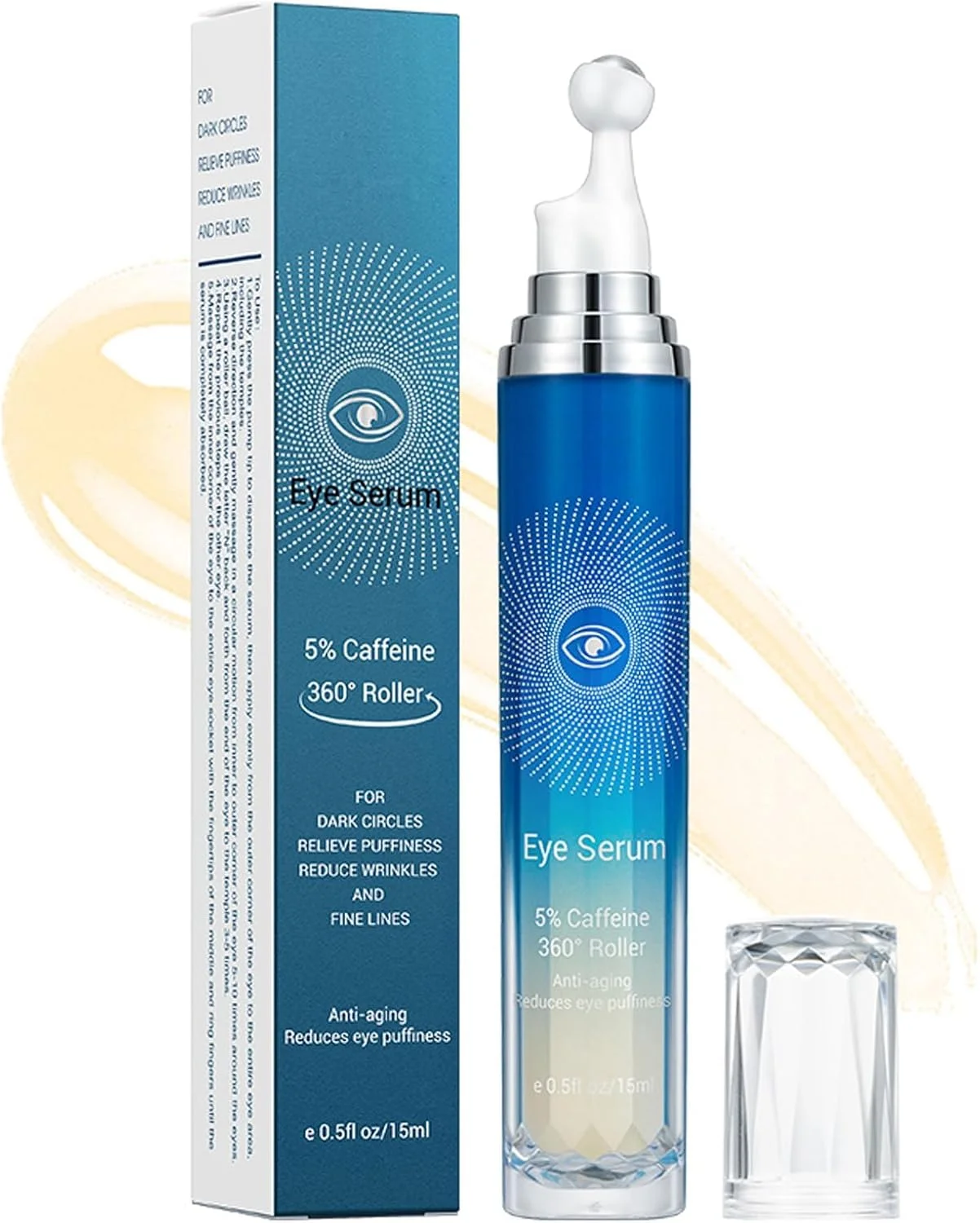 سرم دور چشم حاوی 5% کافئین با توپک ماساژور 360 درجه، کرم دور چشم کافئین برای تیرگی، پف و خطوط ریز، کرم رولی زیر چشم برای ترمیم پف زیر چشم برای خانم ها و آقایان