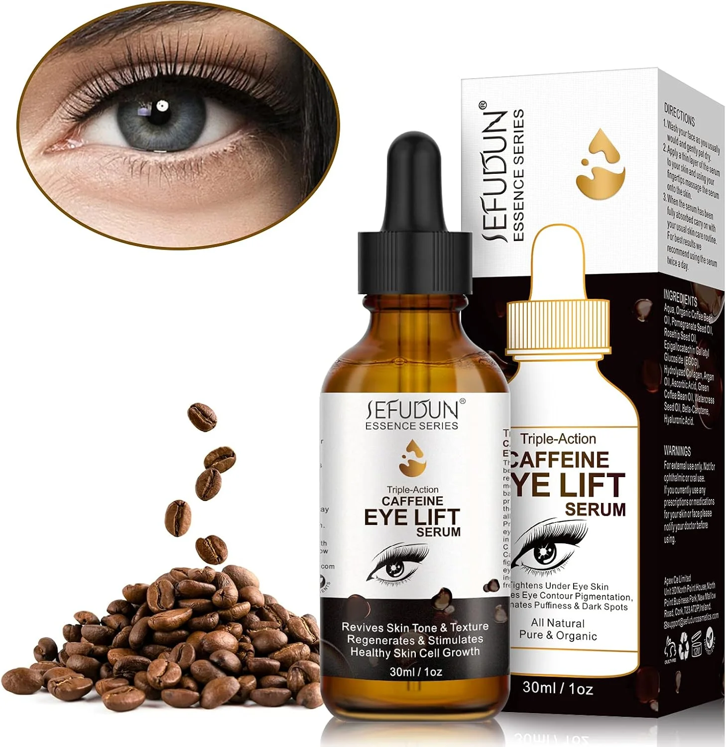 سرم دور چشم کافئین سفودون - ضد پیری برای چشم و صورت، سرم لیفت چشم با ویتامین A، B، C، E، بتاکاروتن و اسیدهای چرب برای مبارزه با سیاهی دور چشم، پف زیر چشم و چروک
