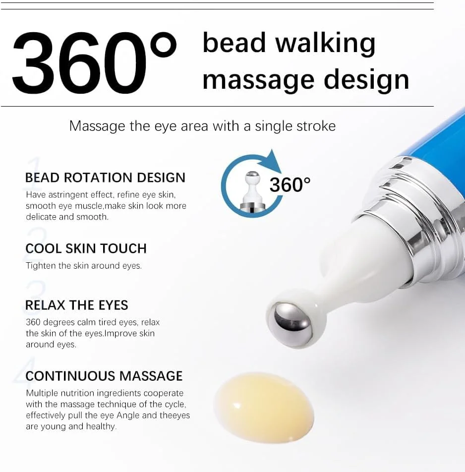 سرم دور چشم حاوی 5% کافئین با توپک ماساژور 360 درجه، کرم دور چشم کافئین برای تیرگی، پف و خطوط ریز، کرم رولی زیر چشم برای ترمیم پف زیر چشم برای خانم ها و آقایان