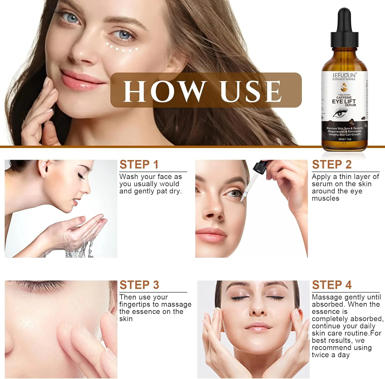 سرم دور چشم کافئین سفودون - ضد پیری برای چشم و صورت، سرم لیفت چشم با ویتامین A، B، C، E، بتاکاروتن و اسیدهای چرب برای مبارزه با سیاهی دور چشم، پف زیر چشم و چروک