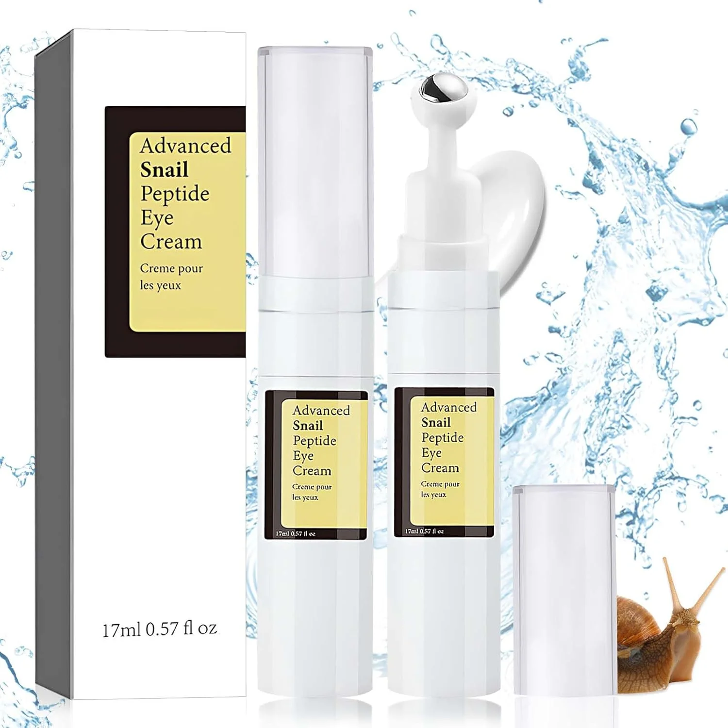 سرم دور چشم پپتید حلزون با موسین و نیاسینامید، کرم دور چشم رولی کاهش دهنده سیاهی، پف، خطوط ریز و چین و چروک، توپ ماساژ 360 درجه، آبرسانی عمیق و سفت کننده