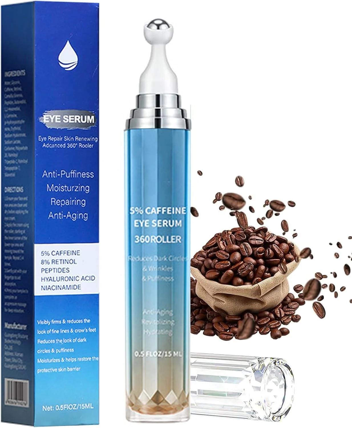 سرم دور چشم با 5% کافئین، 8% رتینول، اسید هیالورونیک، نیاسینامید و پپتیدها، کرم دور چشم برای تیرگی، پف و کیسه های زیر چشم، خطوط ریز و چین و چروک، توپ ماساژ غلتکی 360 درجه برای آقایان و بانوان