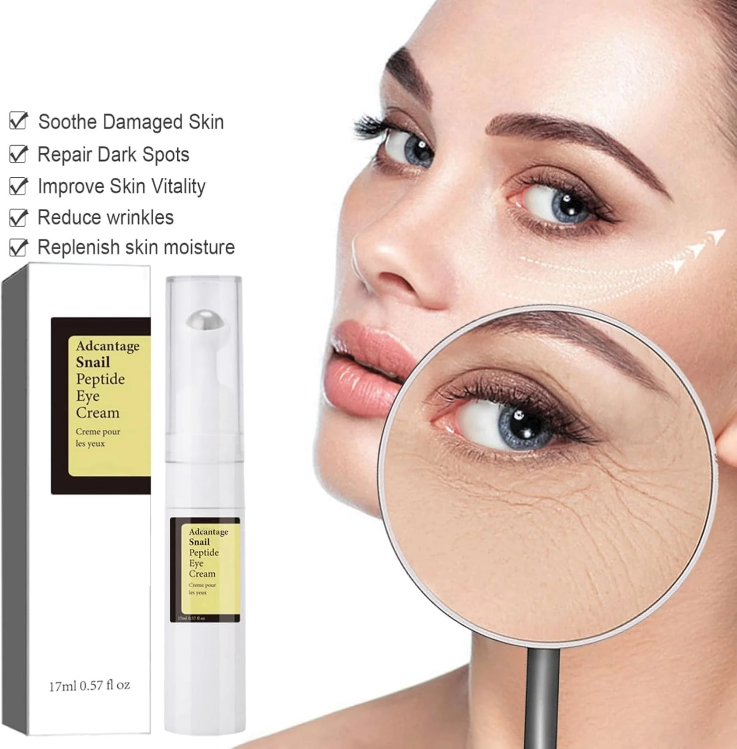 سرم دور چشم پپتید حلزون با موسین و نیاسینامید، کرم دور چشم رولی کاهش دهنده سیاهی، پف، خطوط ریز و چین و چروک، توپ ماساژ 360 درجه، آبرسانی عمیق و سفت کننده