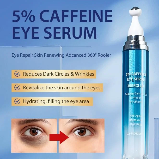 سرم دور چشم با 5% کافئین، 8% رتینول، اسید هیالورونیک، نیاسینامید و پپتیدها، کرم دور چشم برای تیرگی، پف و کیسه های زیر چشم، خطوط ریز و چین و چروک، توپ ماساژ غلتکی 360 درجه برای آقایان و بانوان