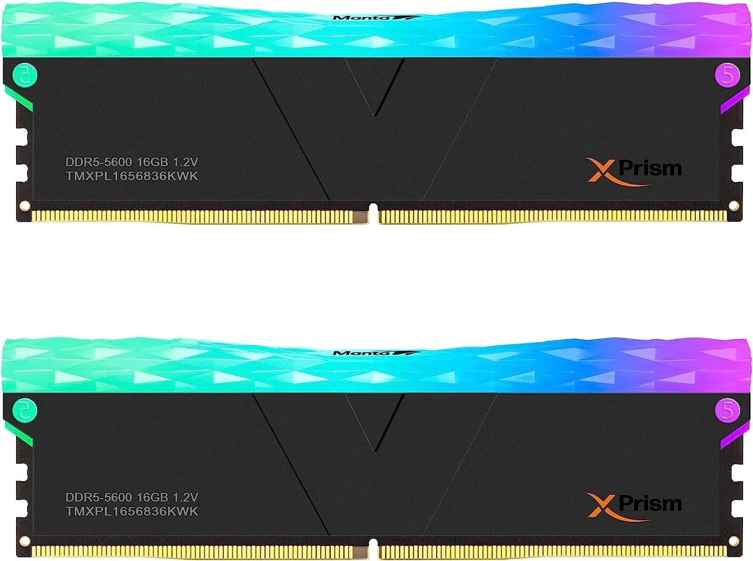 رم دسکتاپ گیمینگ V-Color Manta XPrism با نورپردازی RGB، ظرفیت 32 گیگابایت (2 عدد 16 گیگابایتی)، سرعت کلاک 5600 مگاهرتز، CL 36، ولتاژ 1.2 ولت، همگام سازی RGB، پشتیبانی از Intel XMP، رنگ مشکی | TMXPL1656836KWK