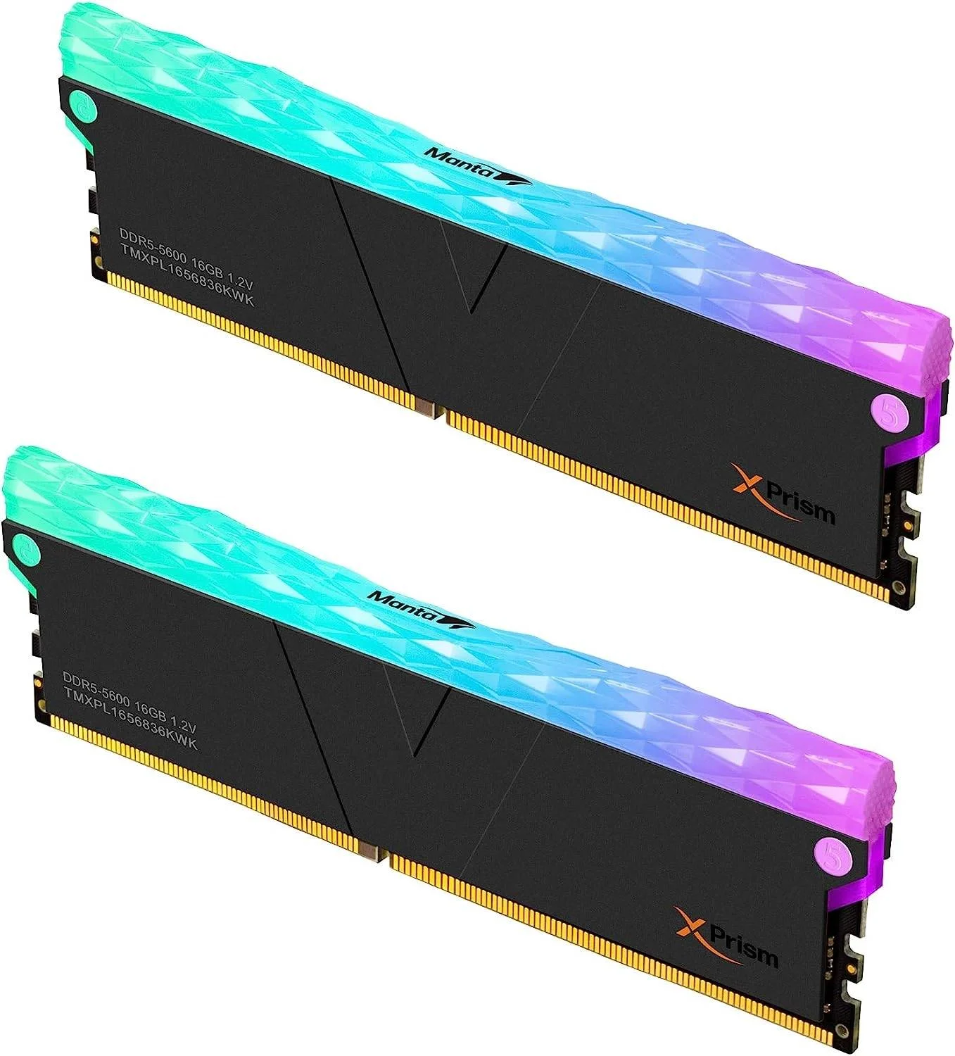 رم دسکتاپ گیمینگ V-Color Manta XPrism با نورپردازی RGB، ظرفیت 32 گیگابایت (2 عدد 16 گیگابایتی)، سرعت کلاک 5600 مگاهرتز، CL 36، ولتاژ 1.2 ولت، همگام سازی RGB، پشتیبانی از Intel XMP، رنگ مشکی | TMXPL1656836KWK