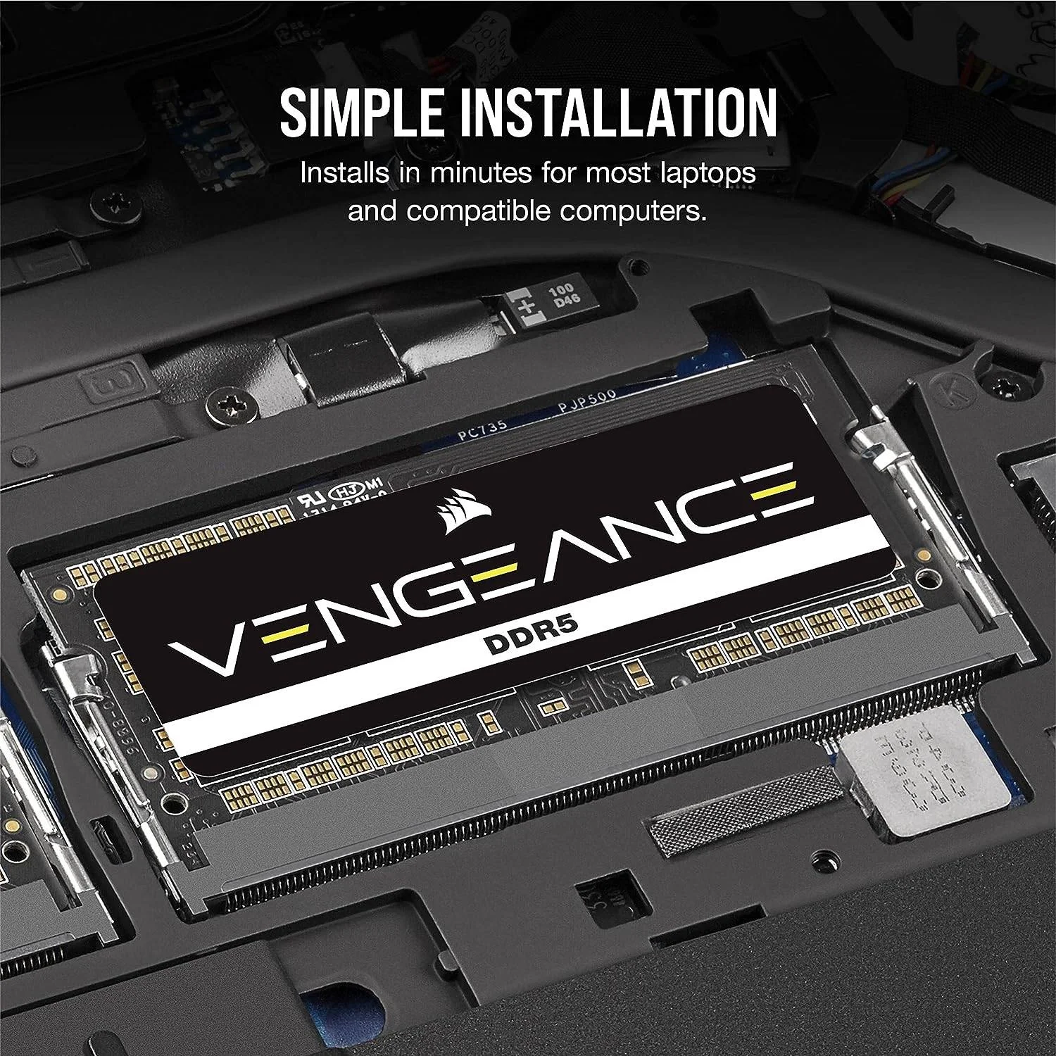 حافظه رم لپ تاپ کرسیر Vengeance با ظرفیت 16 گیگابایت (1x16GB) DDR5 SO-DIMM، سرعت تست شده 4800MT/s، تاخیر CAS 40-40-40-77، ولتاژ 1.1، 262 پین، بدون بافر، رتبه بندی سرعت PC4 38400، مشکی | CMSX16GX5M1A4800C40