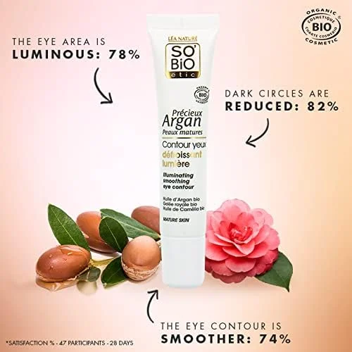 کرم دور چشم روشن کننده و صاف کننده آرگان با تاییدیه ارگانیک Cosmos از برند SO'BiO étic، حجم 15 میلی لیتر
