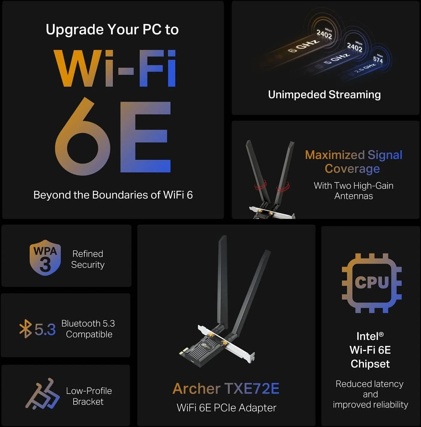کارت شبکه وای فای 6E اینتل AX210 AXE5400 PCIe TP-Link برای کامپیوتر رومیزی، بلوتوث 5.3، WPA3، آداپتور بی سیم سه بانده 802.11axe با MU-MIMO، OFDMA، تاخیر بسیار کم، برای ویندوز 10 و 11 | Archer TXE72E کارت شبکه وای فای 6E اینتل AX210 AXE5400 PCIe TP-Link برای کامپیوتر رومیزی، بلوتوث 5.3، WPA3، آداپتور بی سیم سه بانده 802.11axe با MU-MIMO، OFDMA، تاخیر بسیار کم، برای ویندوز 10 و 11 | Archer TXE72E