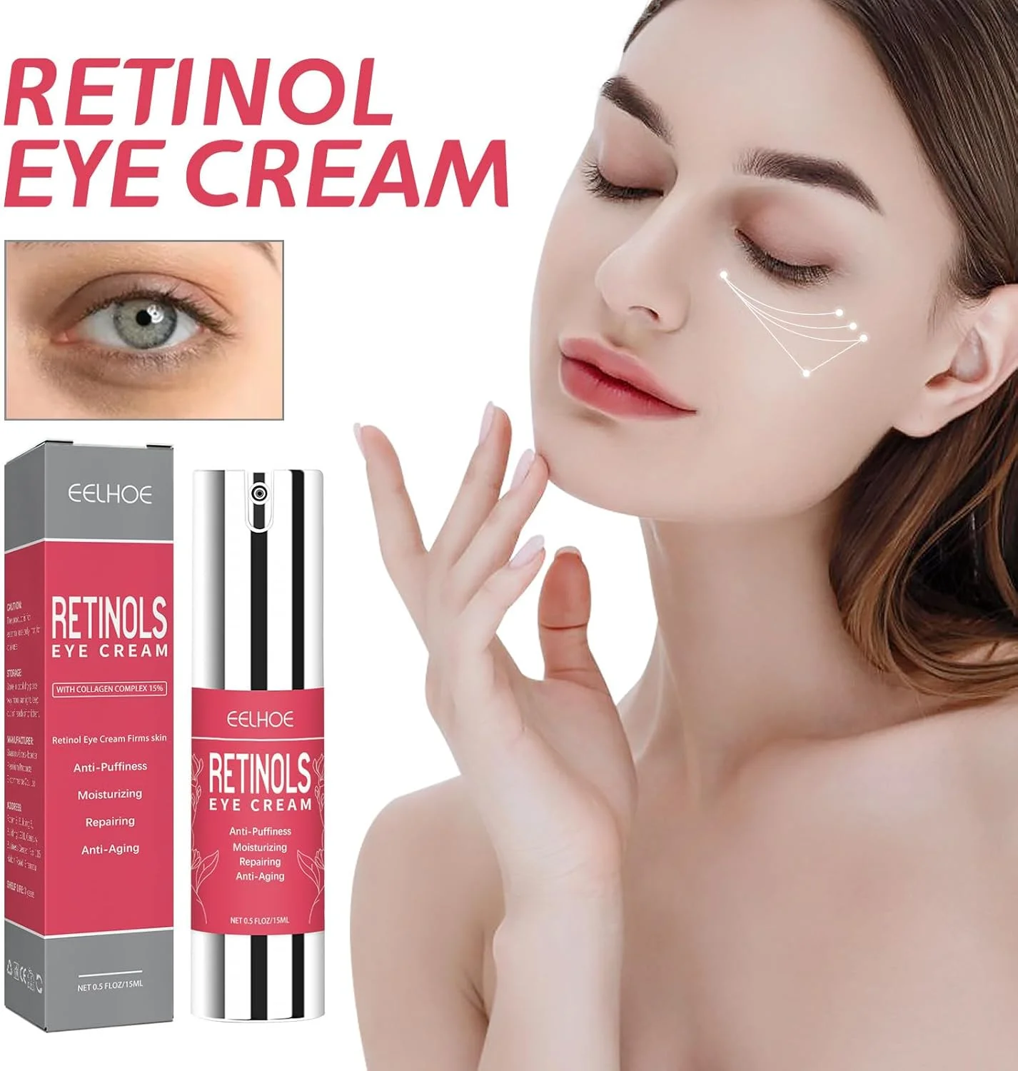 کرم دور چشم رتینول برای تیرگی دور چشم - کرم دور چشم ضد چروک با اسید هیالورونیک - کرم دور چشم مرطوب کننده، کاهش دهنده خطوط پنجه کلاغی، ظریف و سفت کننده پوست اطراف چشم (30 گرم)