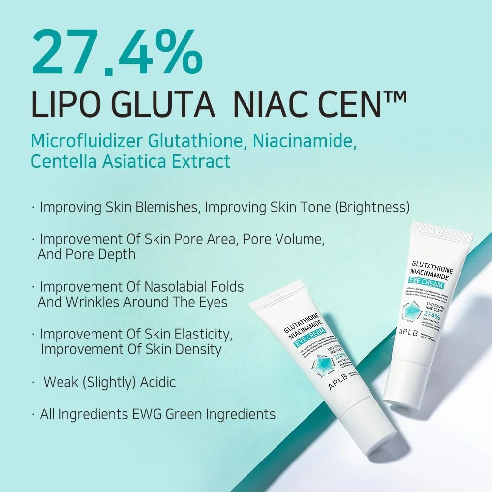 کرم دور چشم گلوتاتیون نیاسینامید APLB | LIPO GLUTA NIAC CEN™ 27.4% 20ml / مراقبت از پوست کره ای، کرم دور چشم برای سیاهی و پف، بهبود خاصیت ارتجاعی و تامین رطوبت اطراف ناحیه چشم