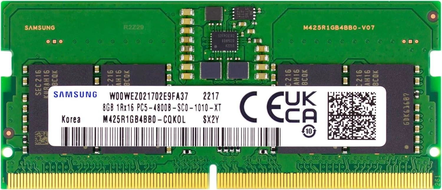 رم لپ تاپ SAMSUNG DDR5 SODIMM با ظرفیت 8 گیگابایت، سرعت 4800 مگاهرتز، تاخیر CL40، ولتاژ 1.1 ولت، 262 پین، NON-ECC Unbuffered | M425R1GB4BB0-CQK0L