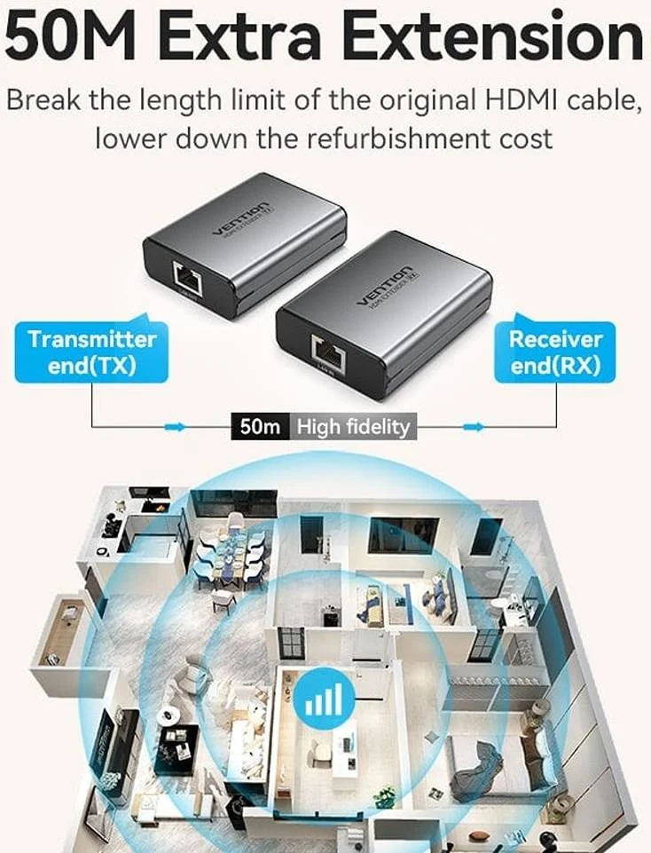 افزایش دهنده کابل شبکه HDMI ونشن، انتقال 50 متری، رابط روکش نیکل، 1920x1280p @ 60Hz، آلیاژ آلومینیوم + ABS، خاکستری | AKGH0-UK