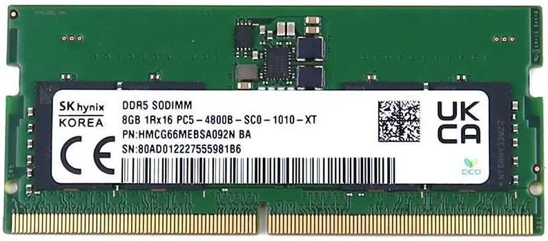 SK-Hynix رم لپ تاپ 8 گیگابایت DDR5 SODIMM PC5-4800B-SC0 1Rx16، سرعت حافظه 4800 مگاهرتز، تاخیر CL40 CAS، ولتاژ حافظه 1.1 ولت، بدون ECC، 262 پین | HMCG66MEBSA092N BA