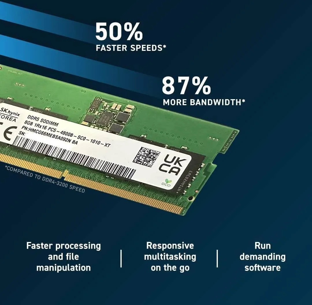 SK-Hynix رم لپ تاپ 8 گیگابایت DDR5 SODIMM PC5-4800B-SC0 1Rx16، سرعت حافظه 4800 مگاهرتز، تاخیر CL40 CAS، ولتاژ حافظه 1.1 ولت، بدون ECC، 262 پین | HMCG66MEBSA092N BA
