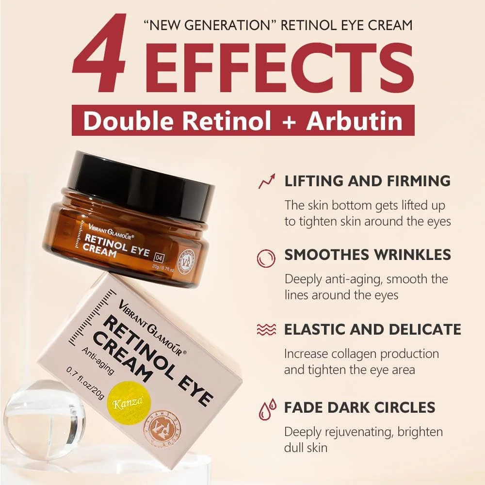 کرم دور چشم KANZA رتینول | رفع سیاهی دور چشم، کاهش خطوط ریز، رفع پف زیر چشم، ضد چروک، ضد پیری، سفت کننده، غنی شده با رتینول، آربوتین، ویتامین C و E | 20 گرم