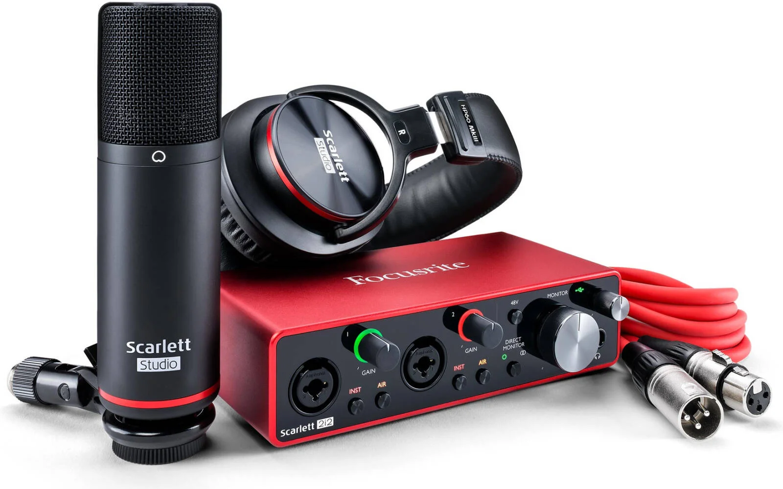 کارت صدای USB Focusrite Scarlett 2i2 Studio نسل سوم به همراه میکروفون و هدفون، میکروفون کاندنسر کاردیوئید، پری امپ میکروفون/لاین/اینسترومنت، رابط USB 2x2، USB Type-C، مشکی-قرمز | -2I2-STU-3G