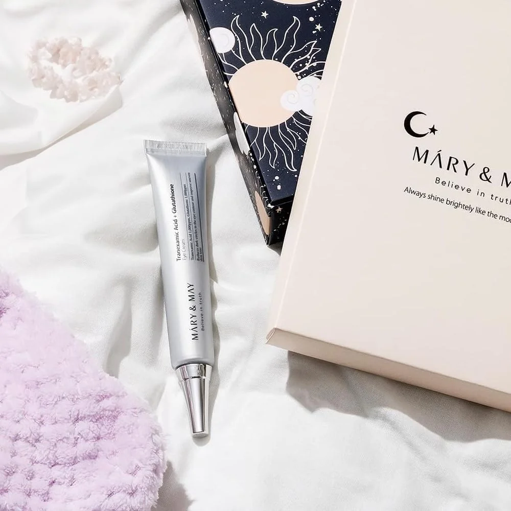 کرم دور چشم ترانگزامیک اسید + گلوتاتیون Mary&May - کاهش تیرگی دور چشم، آنتی اکسیدان قوی، بهبود رنگ ناهموار پوست با ویتامین C، قابل استفاده صبح/شب، 12 گرم