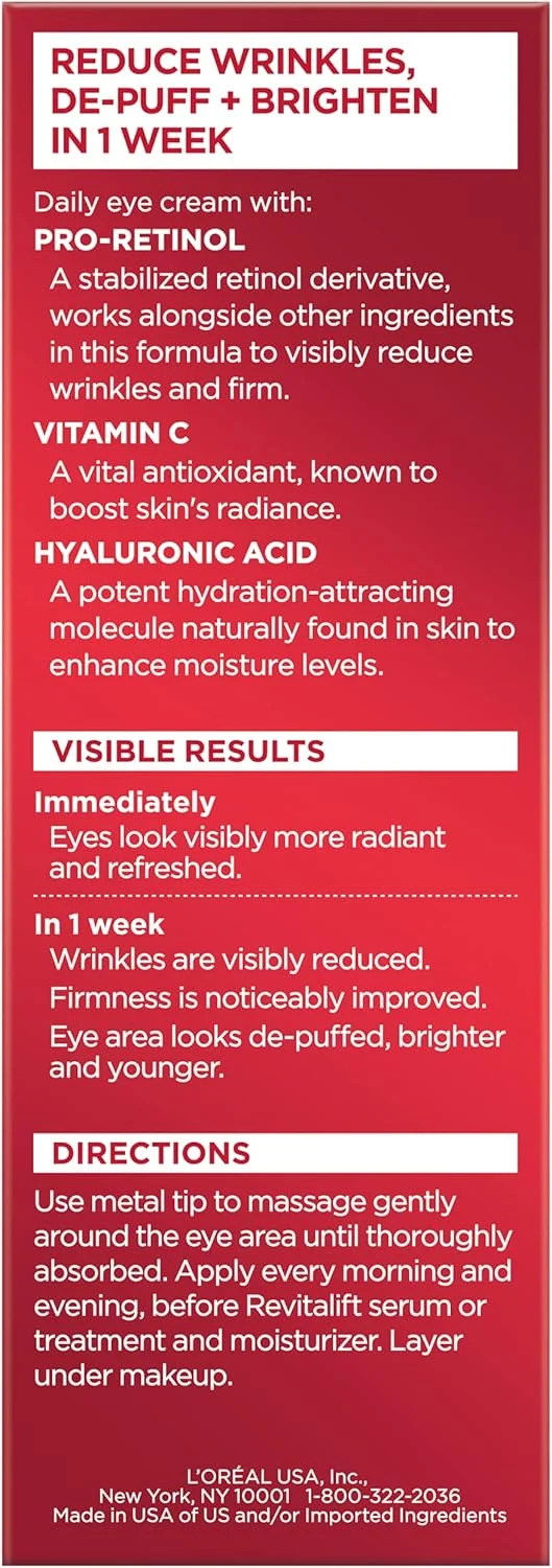 کرم دور چشم ضد پیری لورآل پاریس رویتالیفت تریپل پاور، پرو رتینول، هیالورونیک اسید و ویتامین C، کاهش چین و چروک و پف 15 میلی لیتر