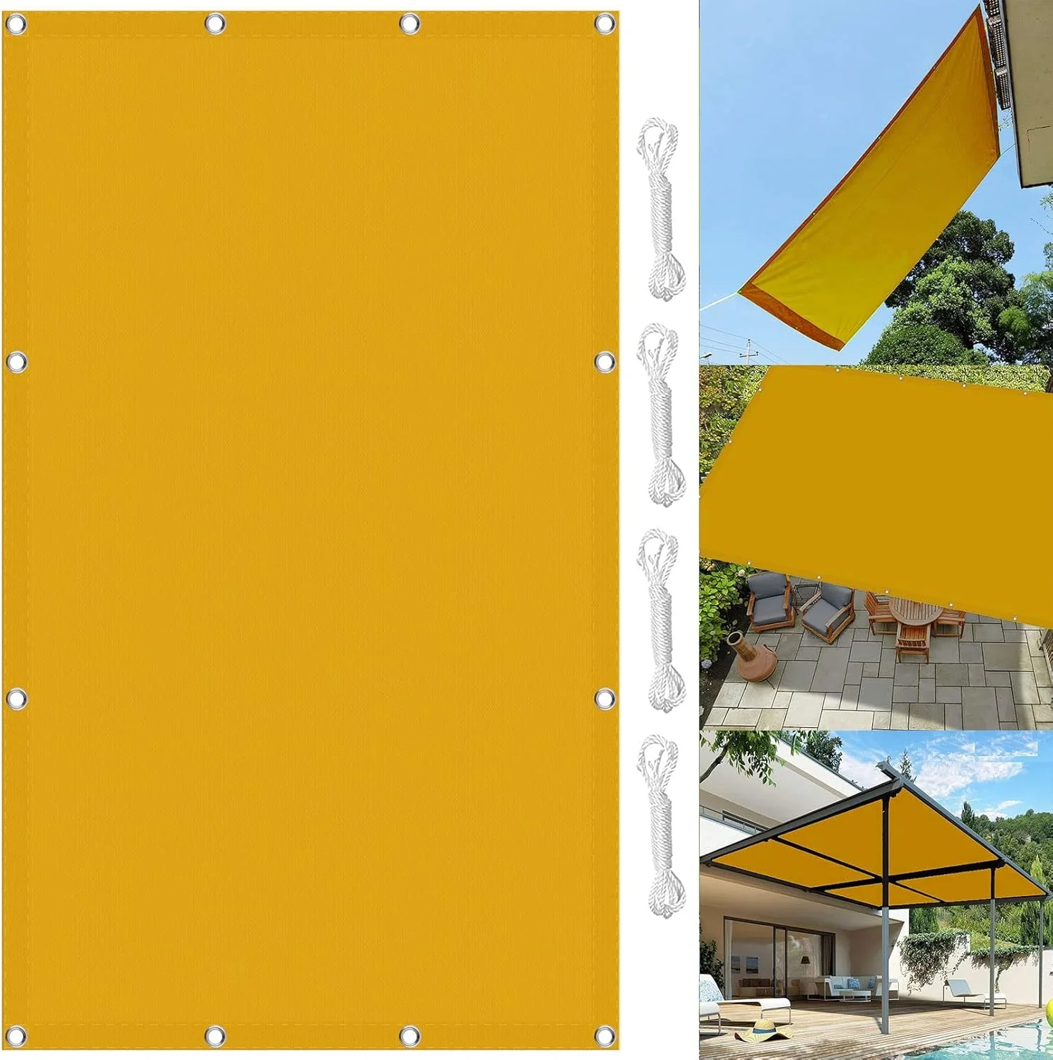 سایبان آفتابگیر مستطیلی 3x5 متری برای فضای باز، مسدود کننده 98% اشعه ماوراء بنفش، سایبان زرد رنگ با 4 طناب، ایده آل برای مهمانی های باغ و محافظت از دید