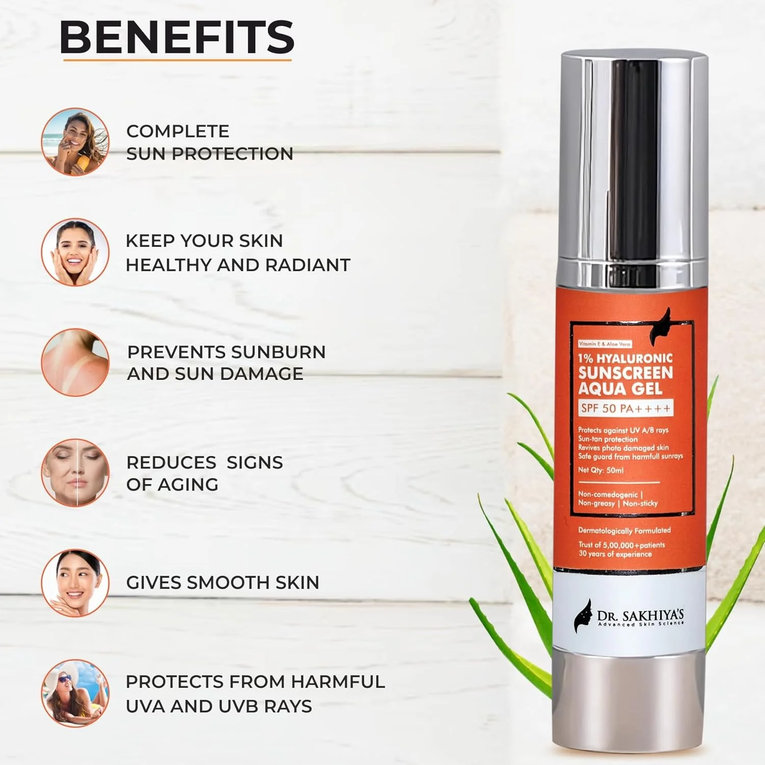 ژل آبرسان ضد آفتاب حاوی 1% هیالورونیک اسید دکتر سخییا با SPF 50 PA++++ برای محافظت طیف گسترده، اشعه UV A، UV B و نور آبی - 50 گرم (تک عددی) / غیر کومدون زا / غیر چرب / غیر چسبنده