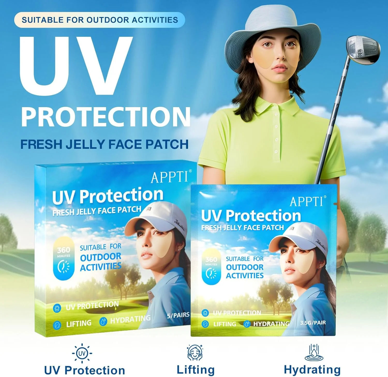 پچ های گلف، محافظت در برابر اشعه ماوراء بنفش، پچ صورت، پچ ماسک صورت، پچ ضد آفتاب مراقبت از پوست آبرسان، مناسب برای فعالیت های خارج از منزل، 5 جفت