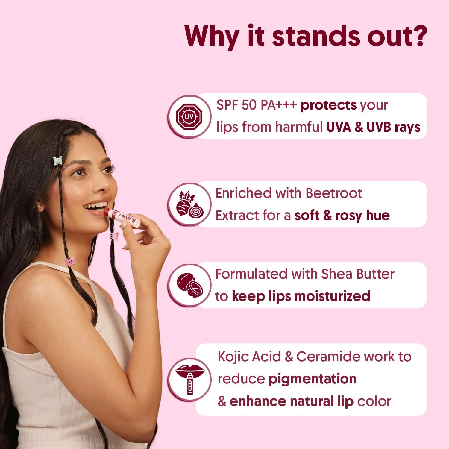 بالم لب رنگی چغندر آراوی ارگانیک با SPF 50 PA+++ | مناسب برای لب های تیره و دارای رنگدانه | آبرسان لب های خشک و ترک خورده | غنی شده با کوجیک اسید، سرامید، پپتید | نرم و براق برای آقایان و بانوان | 5 گرم