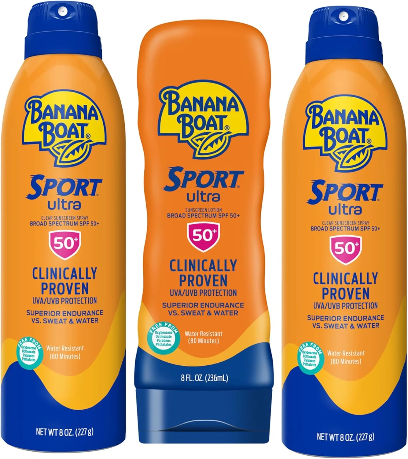 کرم ضد آفتاب Banana Boat Sport Ultra SPF 50 بسته سه عددی | شامل 2 اسپری ضد آفتاب و 1 لوسیون SPF 50، مقاوم در برابر آب، بدون اکسی بنزون، 236 میلی لیتر (بسته 3 عددی)