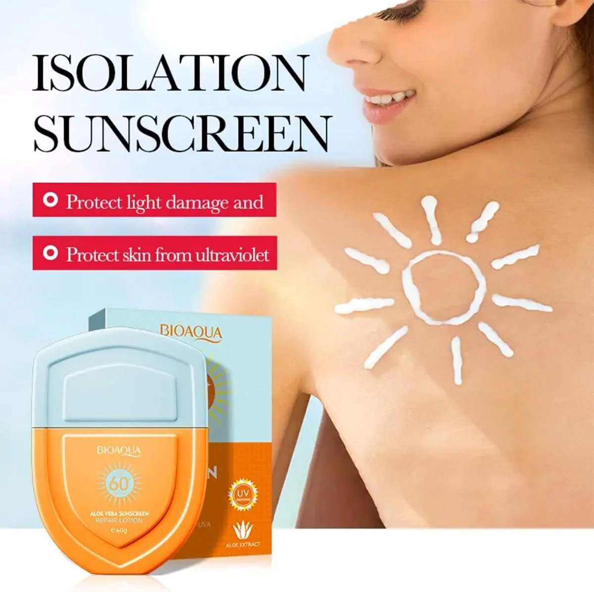 کرم ضد آفتاب آلوئه ورا بایوآکوا، SPF60، محافظت UVA/UVB، 40 گرم