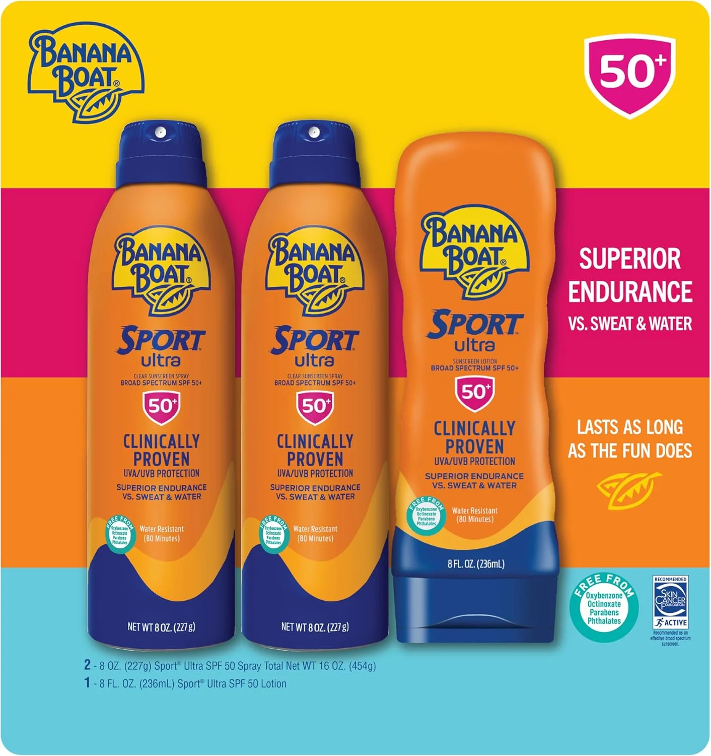 کرم ضد آفتاب Banana Boat Sport Ultra SPF 50 بسته سه عددی | شامل 2 اسپری ضد آفتاب و 1 لوسیون SPF 50، مقاوم در برابر آب، بدون اکسی بنزون، 236 میلی لیتر (بسته 3 عددی)