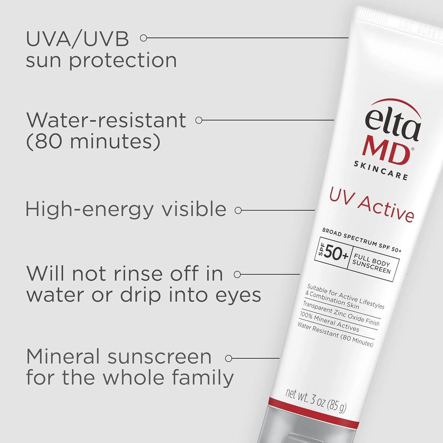 ضد آفتاب مینرال اکتیو EltaMD UV حاوی زینک اکسید، SPF 50+، مقاوم در برابر آب تا 80 دقیقه، تیوب 85 گرمی