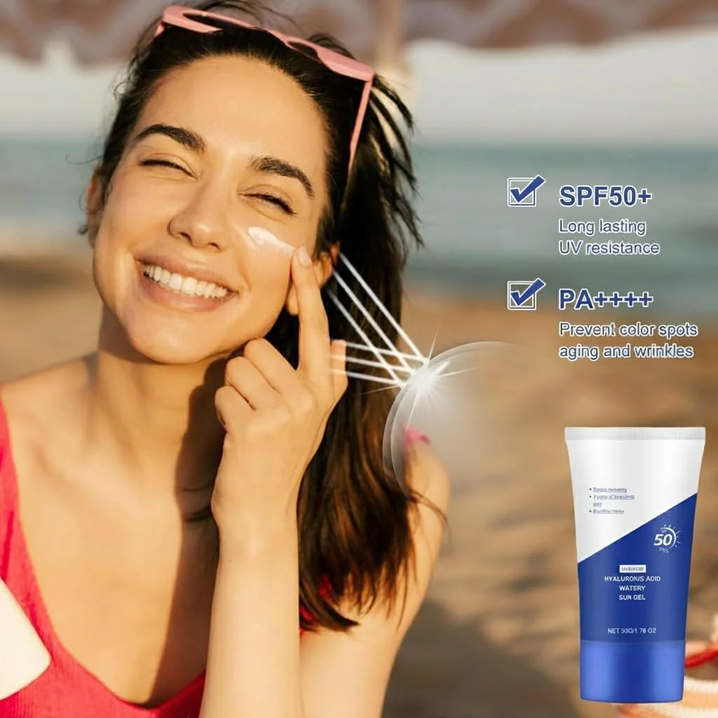 ژل ضد آفتاب آبرسان هیالورونیک اسید، ضد آفتاب کره ای Spf50+ Pa++++، محافظت موثر در برابر اشعه های مضر UV، ضد آفتاب هیالورونیک اسید، ضد آفتاب مرطوب کننده طبیعی، ضد آفتاب فیزیکی 50 میلی لیتر