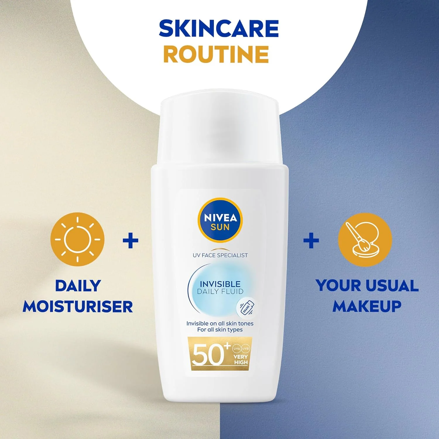 فلوئید ضد آفتاب روزانه نامرئی صورت NIVEA SUN UV Specialist، SPF 50+، حاوی نیاسینامید، فلوئید فوق سبک، برای انواع پوست، غیر چرب، 2x40ml