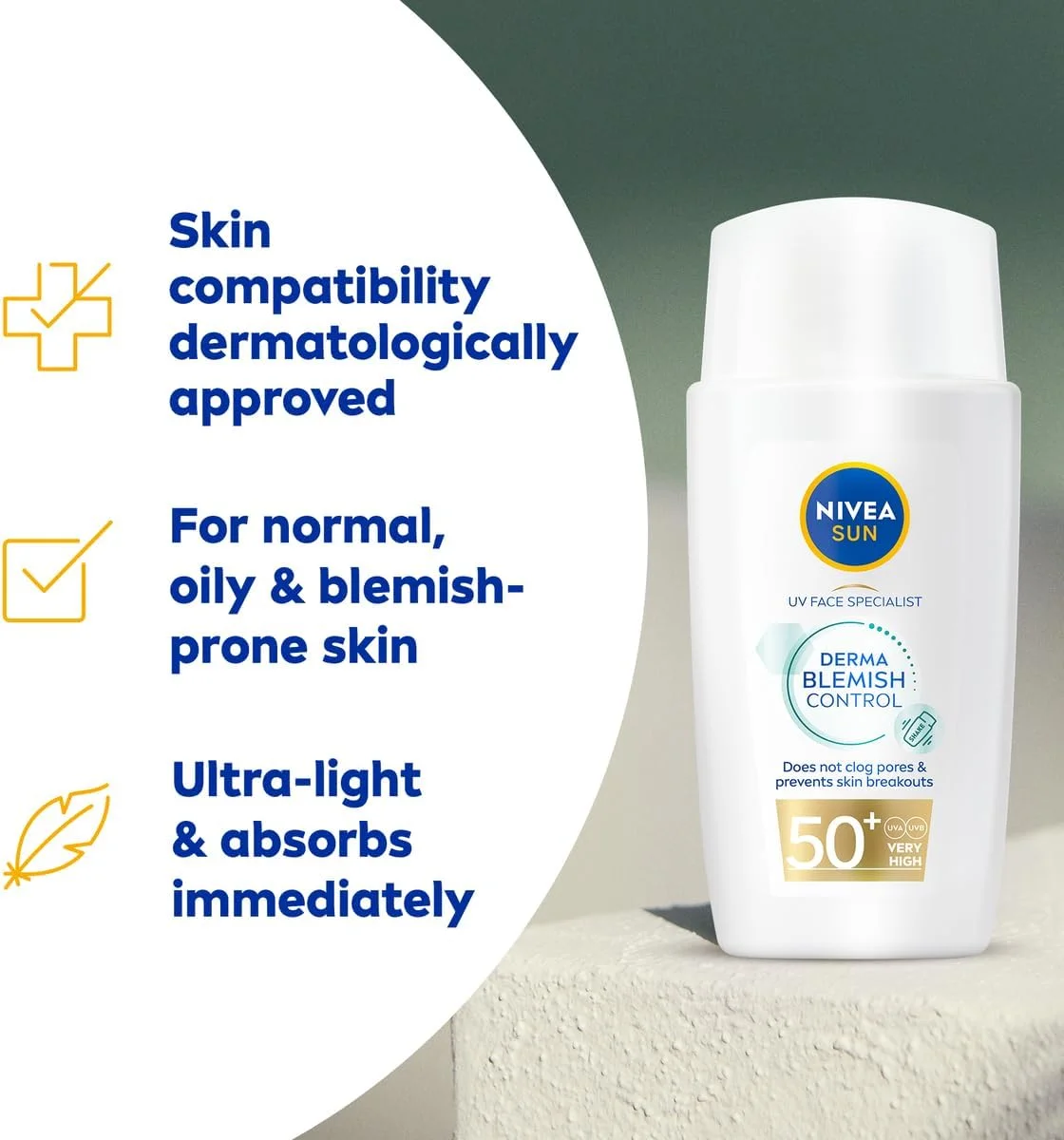 فلوئید ضد آفتاب صورت NIVEA SUN UV Specialist Derma Blemish Control، با بافت خشک، SPF 50+، حاوی نیاسینامید، برای پوست های مستعد لک، بدون مسدود کردن منافذ، برای پوست مختلط، غیر چرب، 40 میلی لیتر