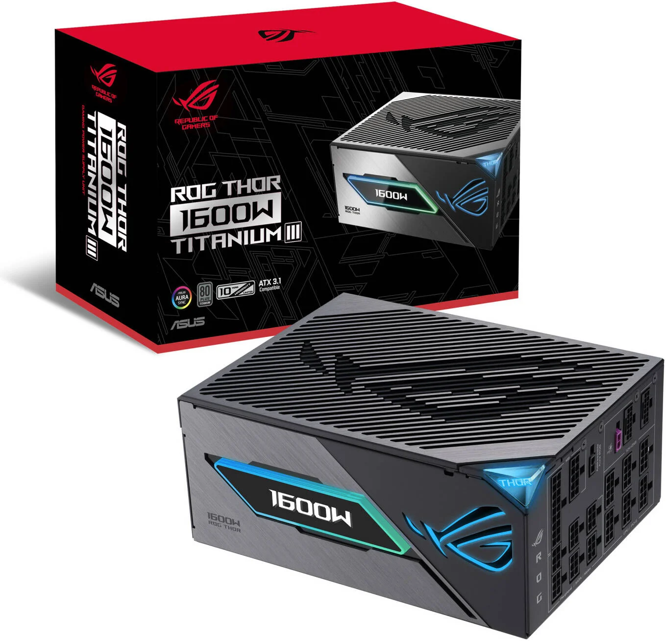منبع تغذیه کامپیوتر ایسوس ROG Thor 1600W Titanium III کاملا ماژولار، بازدهی 80 پلاس تیتانیوم، گواهینامه سایبرنتیکس تیتانیوم، PFC فعال، استاندارد ATX 3.1، فناوری GaN MOSFET | 90YE00V1-B0NA00