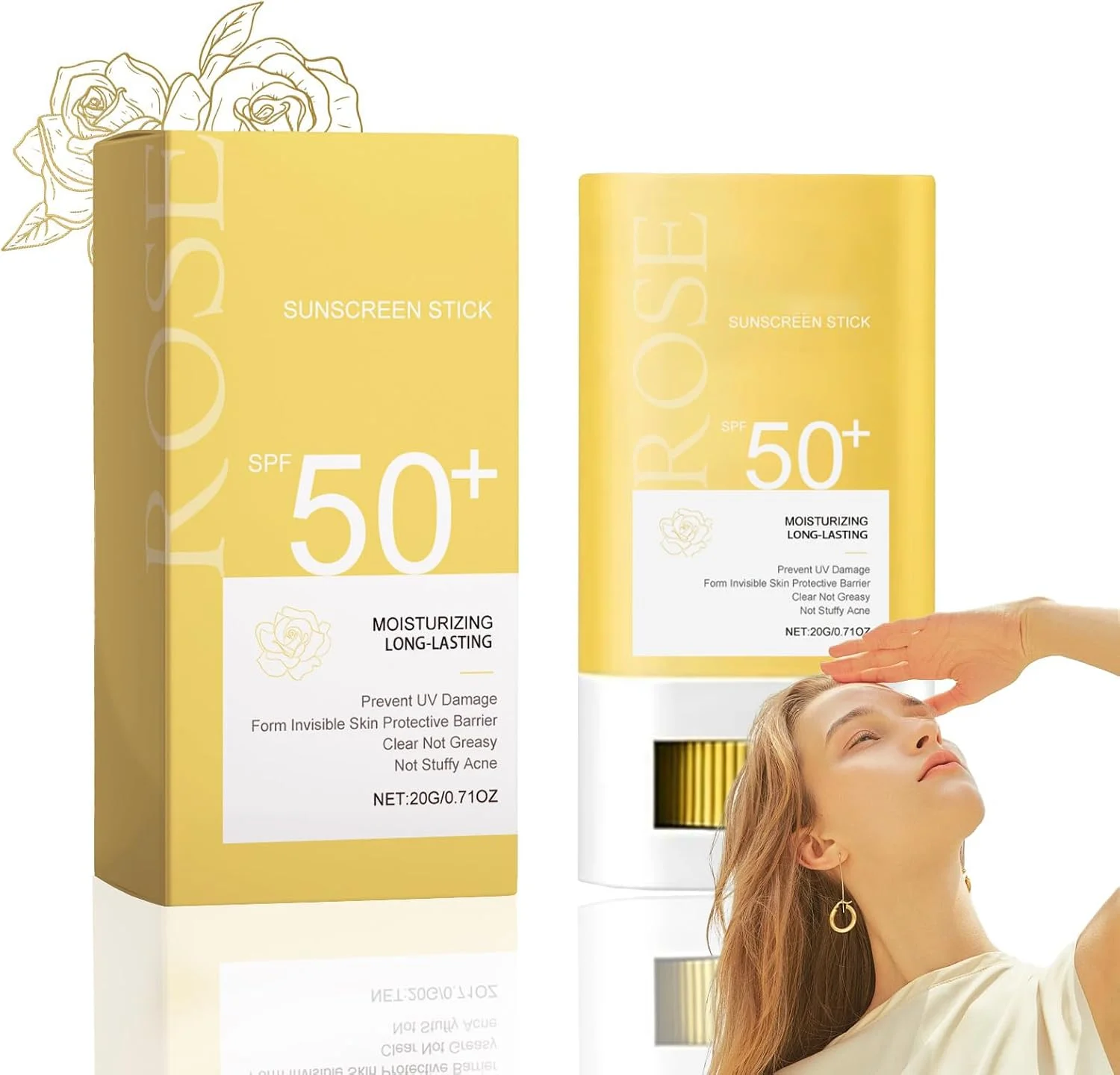 استیک ضد آفتاب رز SPF 50+، استیک ضد آفتاب صورت، سبک وزن، مات، ماندگاری طولانی، بدون چربی، استیک ضد آب مسافرتی