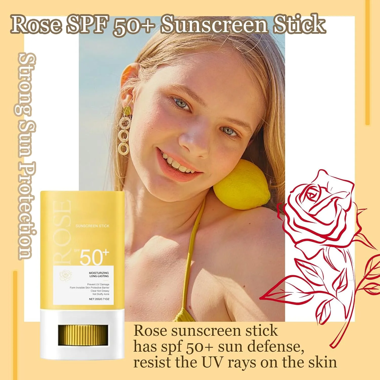 استیک ضد آفتاب رز SPF 50+، استیک ضد آفتاب صورت، سبک وزن، مات، ماندگاری طولانی، بدون چربی، استیک ضد آب مسافرتی