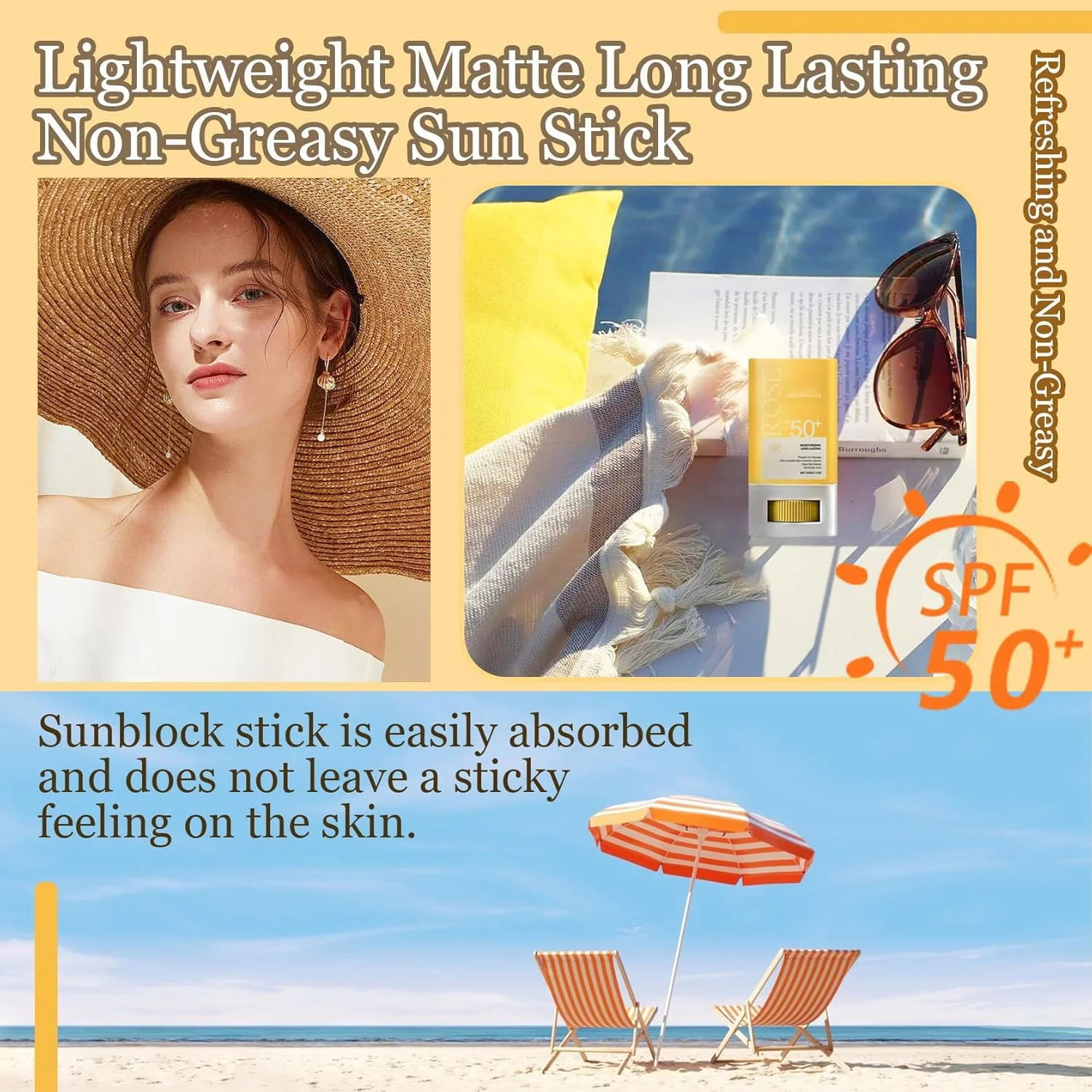 استیک ضد آفتاب رز SPF 50+، استیک ضد آفتاب صورت، سبک وزن، مات، ماندگاری طولانی، بدون چربی، استیک ضد آب مسافرتی
