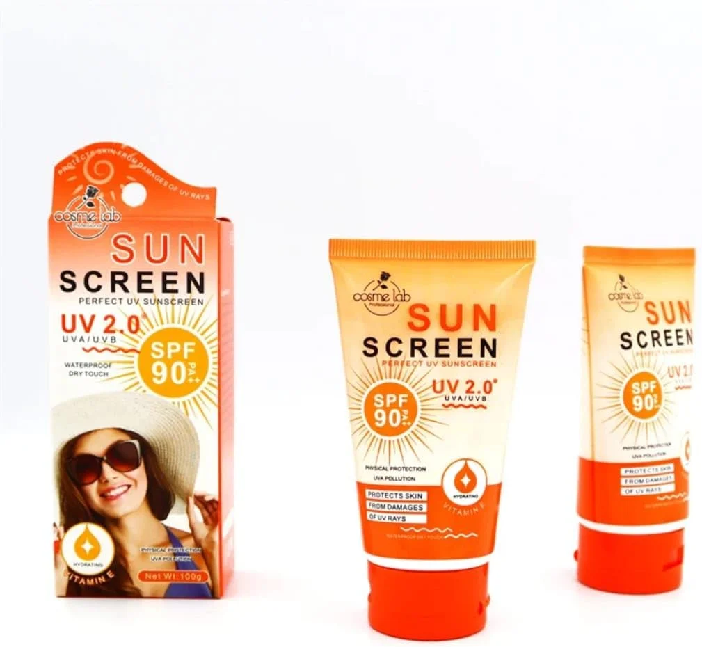 کرم ضد آفتاب Cosme Lab با SPF 90+ PA++ | محافظت در برابر UVA/UVB | مقاوم در برابر آب، غنی شده با ویتامین E | ماندگاری طولانی، 100 گرم برای محافظت نهایی در برابر آفتاب