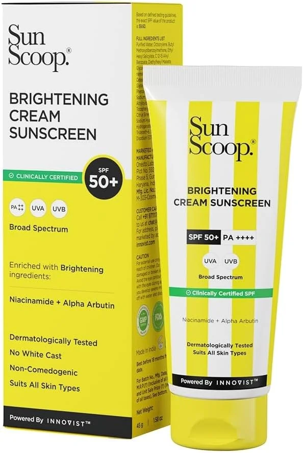 ضد آفتاب روزانه روشن کننده SPF 50 سان اسکوپ | فیلتر UV اکسید روی | حاوی نیاسینامید + آلفا آربوتین برای پوست درخشان | PA+++، طیف گسترده، غیر کومدون زا، بدون ایجاد سفیدی | مناسب برای انواع پوست | 45 گرم